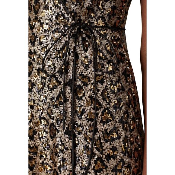 AIDAN BY AIDAN MATTOX Leopard Sequin Wrap Dress Size 0 Gold Black Sleeveless - Picture 3 of 15